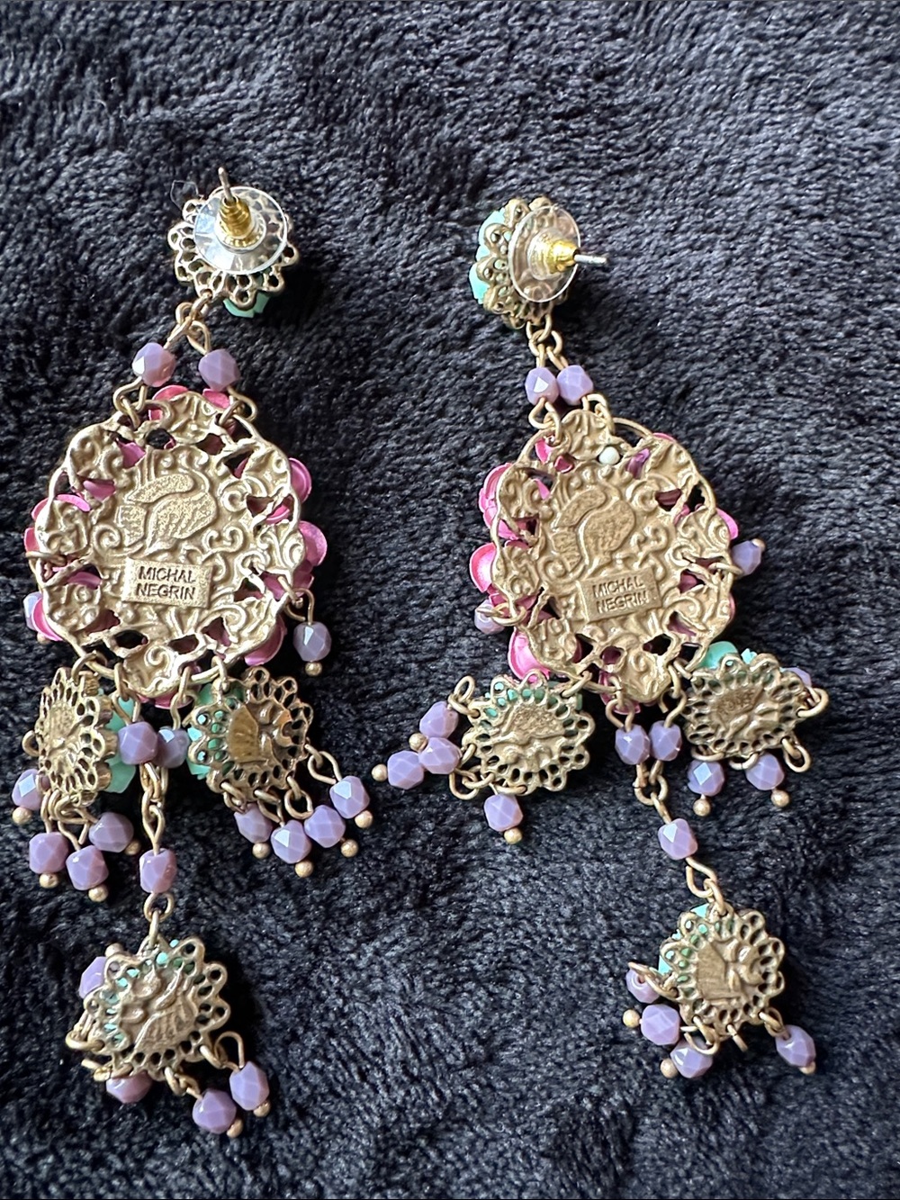 Vintage Floral Chandelier Earrings Rose Cameo Beaded Statement Gold Tone - Picture 6 of 9